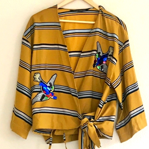 Zara Tops - Zara Sequin Birds Striped Kimono/Blouse Wrap Top